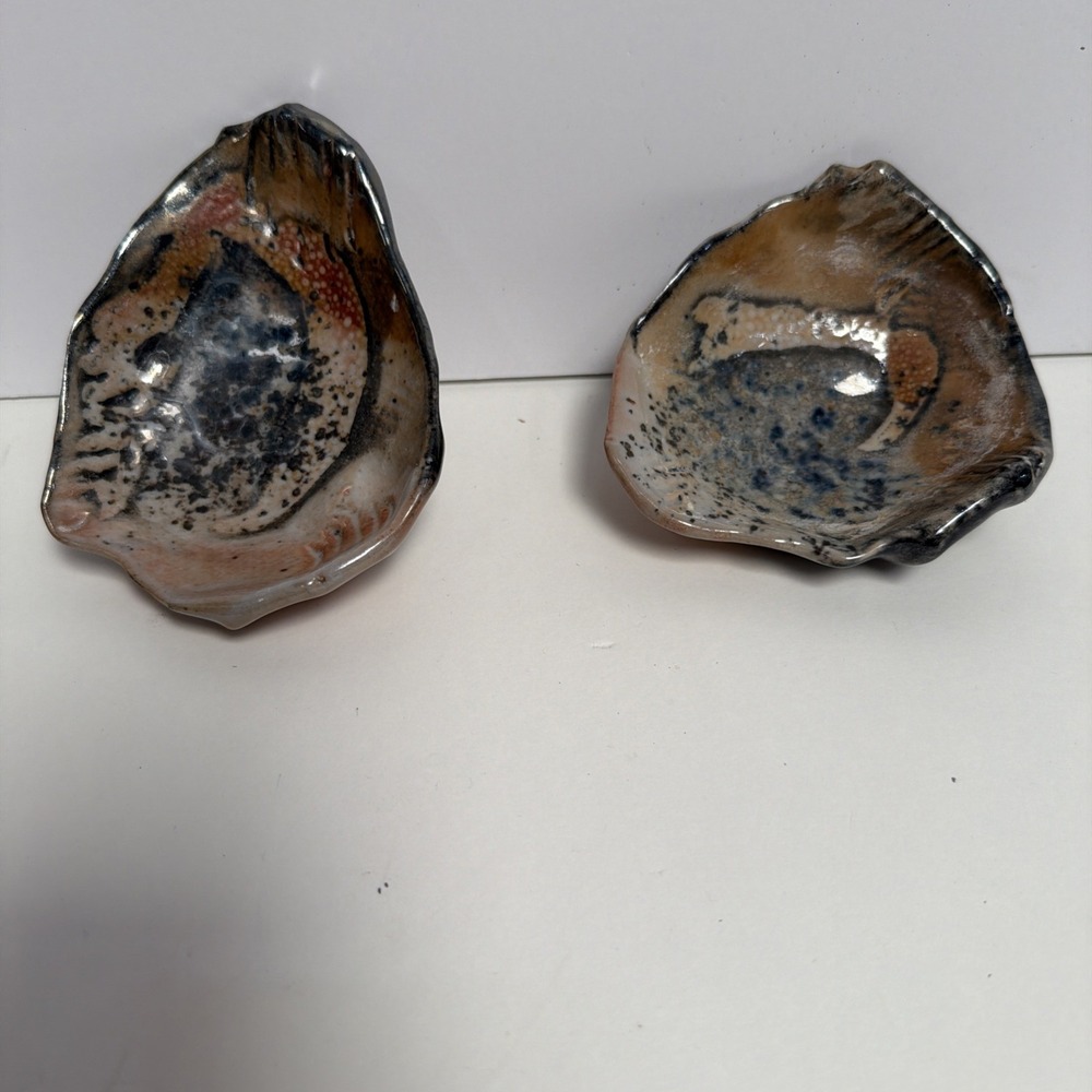 Vintage Studio Pottery Shell Dishes Signed M Oyster Form Pair 4.5"